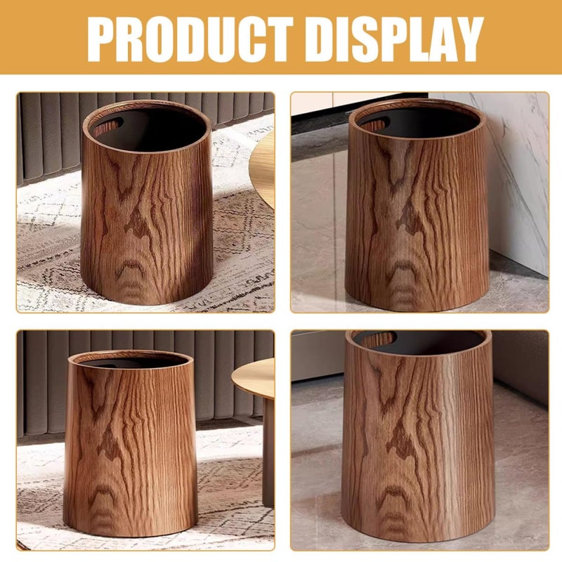 TOYANDONA Wood Grain Trash Can 15l Plastic Waste Bin Household Rubbish Container for Kitchen Bathroom Office Round Design - Image 5