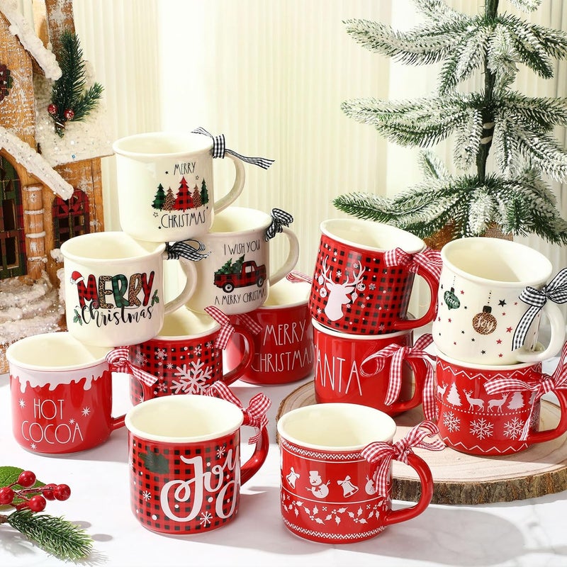 Baderke مجموعة باديركي 12 قطعة من أكواب السيراميك المزخرفة بمناسبة عيد الميلاد مع شريط 11 أونصة لأكواب الكاكاو الساخن والقهوة لعيد الميلاد سانتا لعطلة الشتاء لتزيين المراكز هدية تدفئة المنزل - Image 1