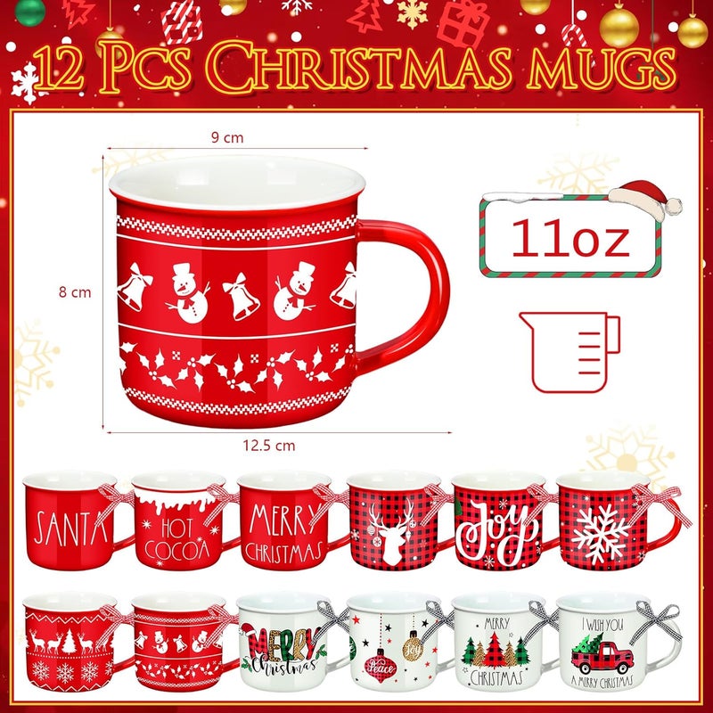 Baderke مجموعة باديركي 12 قطعة من أكواب السيراميك المزخرفة بمناسبة عيد الميلاد مع شريط 11 أونصة لأكواب الكاكاو الساخن والقهوة لعيد الميلاد سانتا لعطلة الشتاء لتزيين المراكز هدية تدفئة المنزل - Image 2