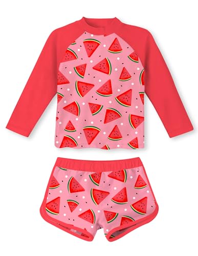 Vogseek Rashguard Swimsuits for Girls Novelty Red Watermelons Long Sleeve UV Protective Bikini Beachwear with Shorts Breathable Quick Dry Pink 9t 10t - Image 1