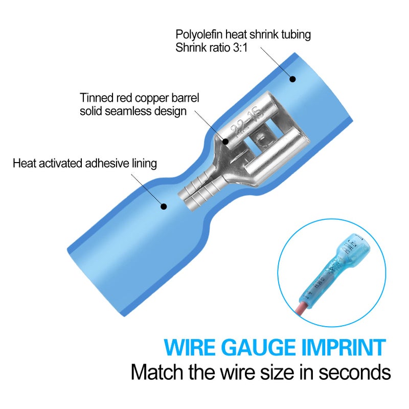 VAMRONE 100 جهاز كمبيوتر شخصى 16-14 AWG مقاوم للماء يتقلص الحرارة قطع سريع موصلات تجعيد الأسلاك الكهربائية أنثى موصلات الأشياء بأسمائها الحقيقية قطع معزول للسيارات البحرية دراجة نارية المنزل الأسلاك (الأزرق) - Image 3