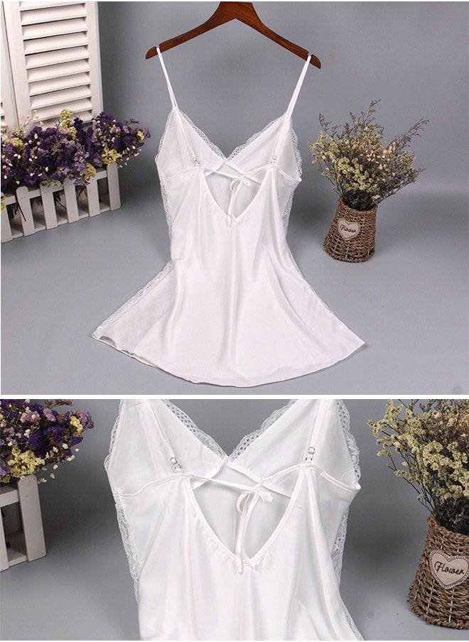 DUNISO Women Satin Lace Lingerie V Neck Sleeveless Pajama Dress Nightgown Sleepwear Chest Pad Mini Slip Chemise Short Nightwear L  - Image 3