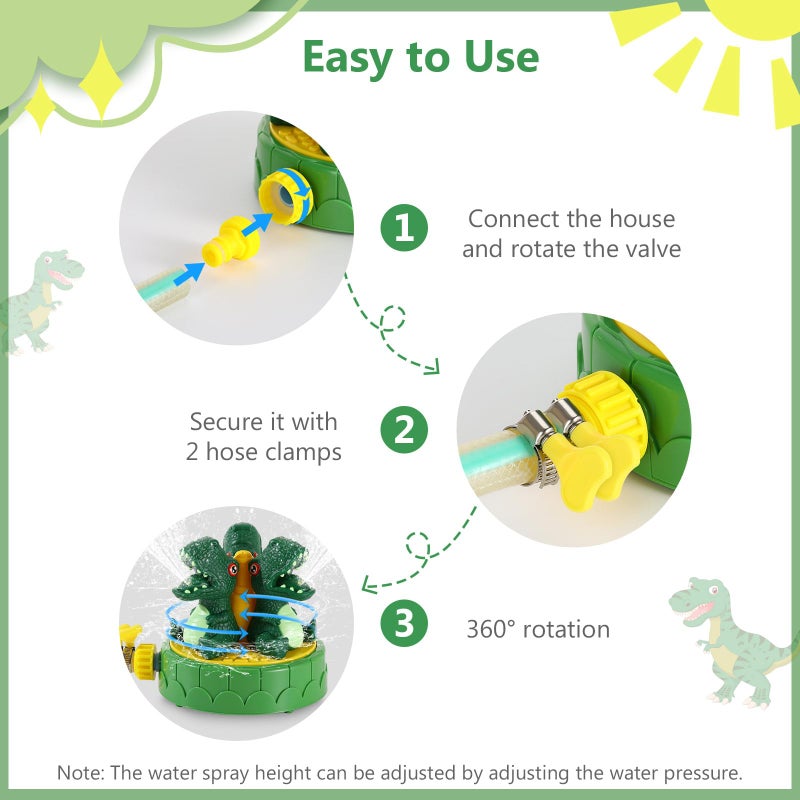 MoKo Dinosaur Sprinkler for Kids-Cute Outdoor Water Toy Spray Swimming Pool Toy with 2 Hose Clamps 3 Nozzles Fun Summer Play Water Toys for Backyard Lawn Garden Game Activities Pet Boys Girls, Green - Image 5