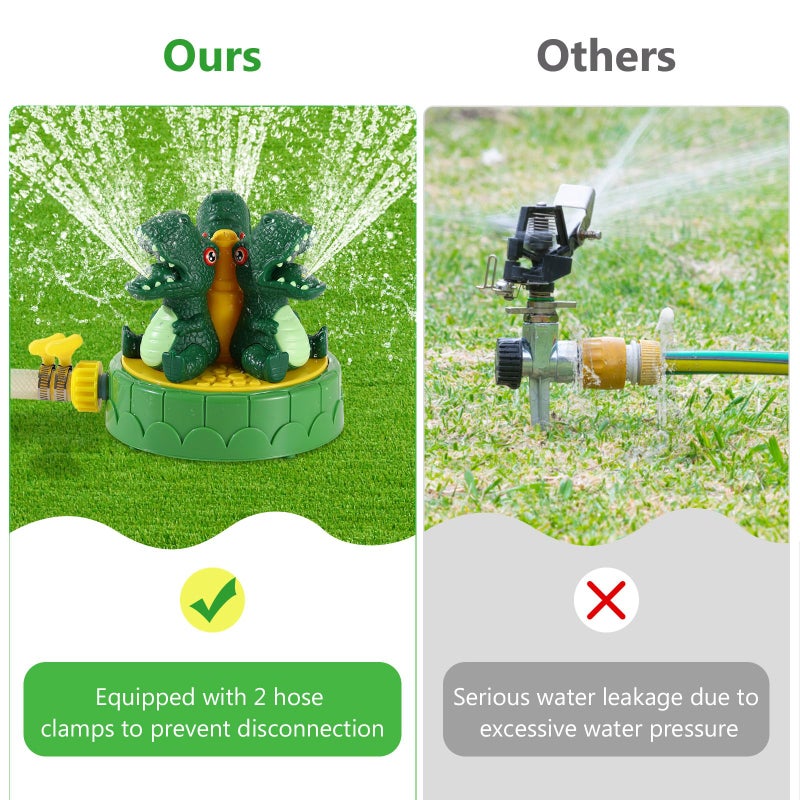 MoKo Dinosaur Sprinkler for Kids-Cute Outdoor Water Toy Spray Swimming Pool Toy with 2 Hose Clamps 3 Nozzles Fun Summer Play Water Toys for Backyard Lawn Garden Game Activities Pet Boys Girls, Green - Image 4