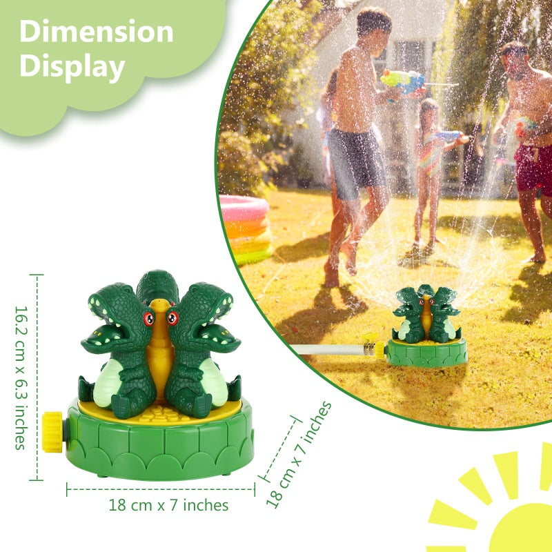 MoKo Dinosaur Sprinkler for Kids-Cute Outdoor Water Toy Spray Swimming Pool Toy with 2 Hose Clamps 3 Nozzles Fun Summer Play Water Toys for Backyard Lawn Garden Game Activities Pet Boys Girls, Green - Image 2