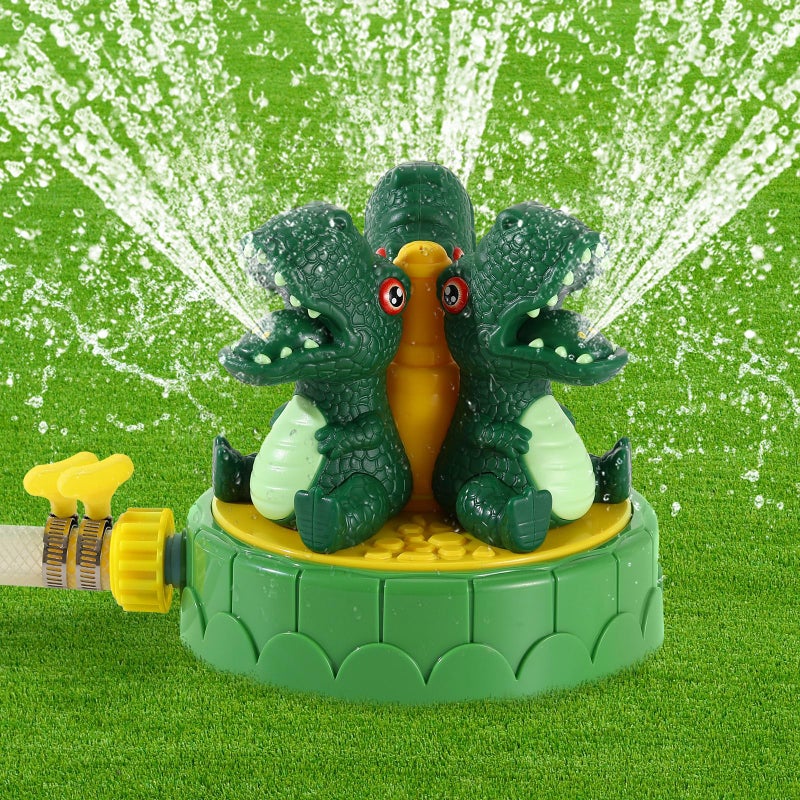 MoKo Dinosaur Sprinkler for Kids-Cute Outdoor Water Toy Spray Swimming Pool Toy with 2 Hose Clamps 3 Nozzles Fun Summer Play Water Toys for Backyard Lawn Garden Game Activities Pet Boys Girls, Green - Image 1