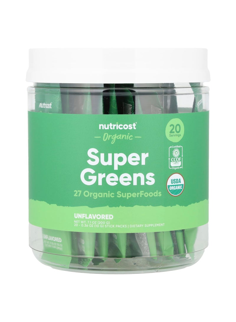 Nutricost Organic Super Greens, Unflavored, 20 Stick Packs, 0.36 oz (10 g) Each
