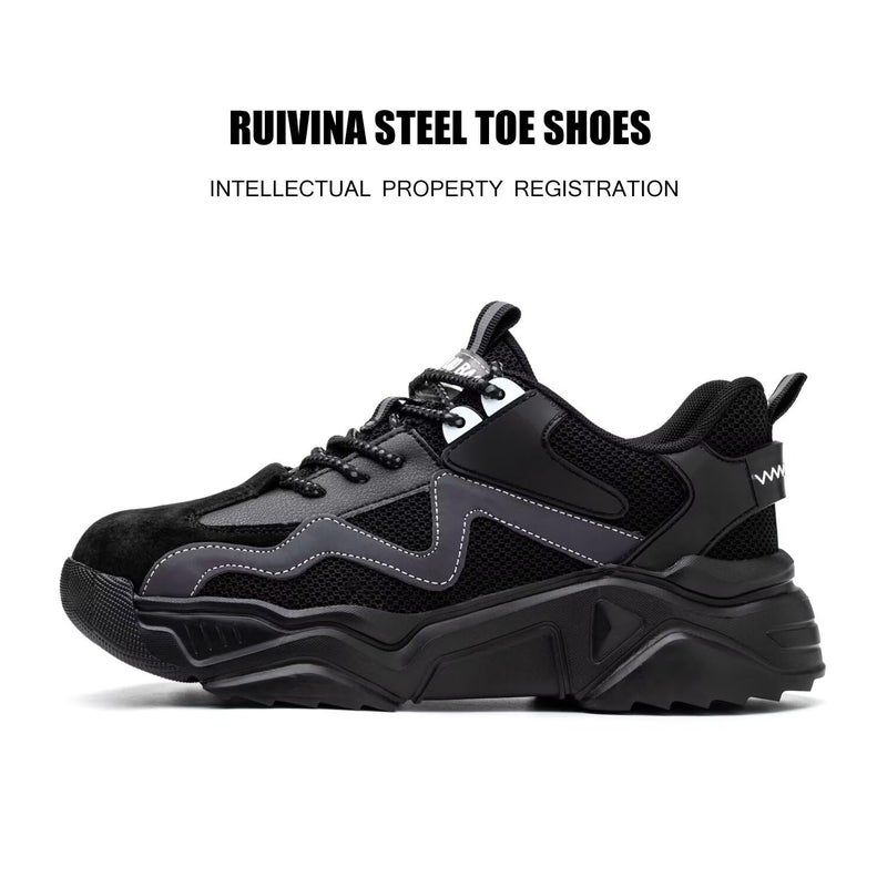 Ruivina Steel Toe Shoes for Women Safety Shoes Wide fit Indestructible Work Sneakers Men Lightweight Slip on Resistant Breathable Puncture Proof Composite Toe Shoe Black 38 - Image 4