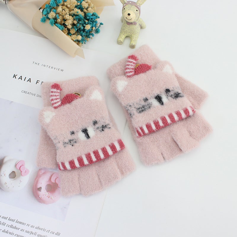 Winter Kids 3-6 Cute Cartoon Flip Top Gloves leather powder - Image 1