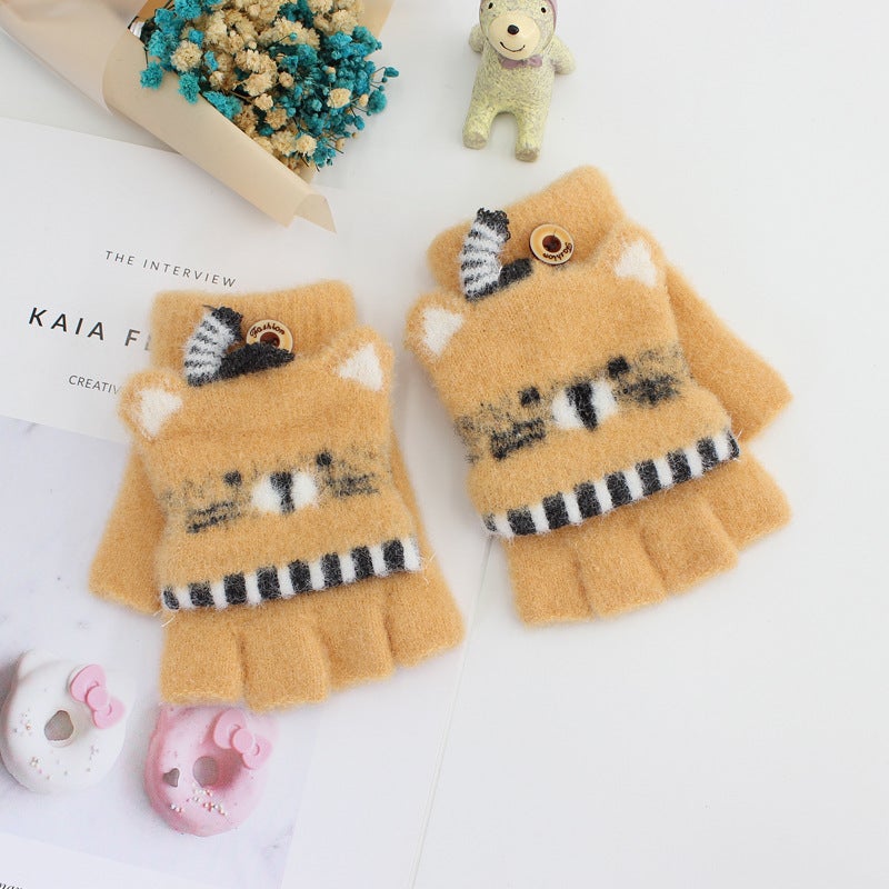 Winter Kids 3-6 Cute Cartoon Flip Top Gloves leather powder - Image 4