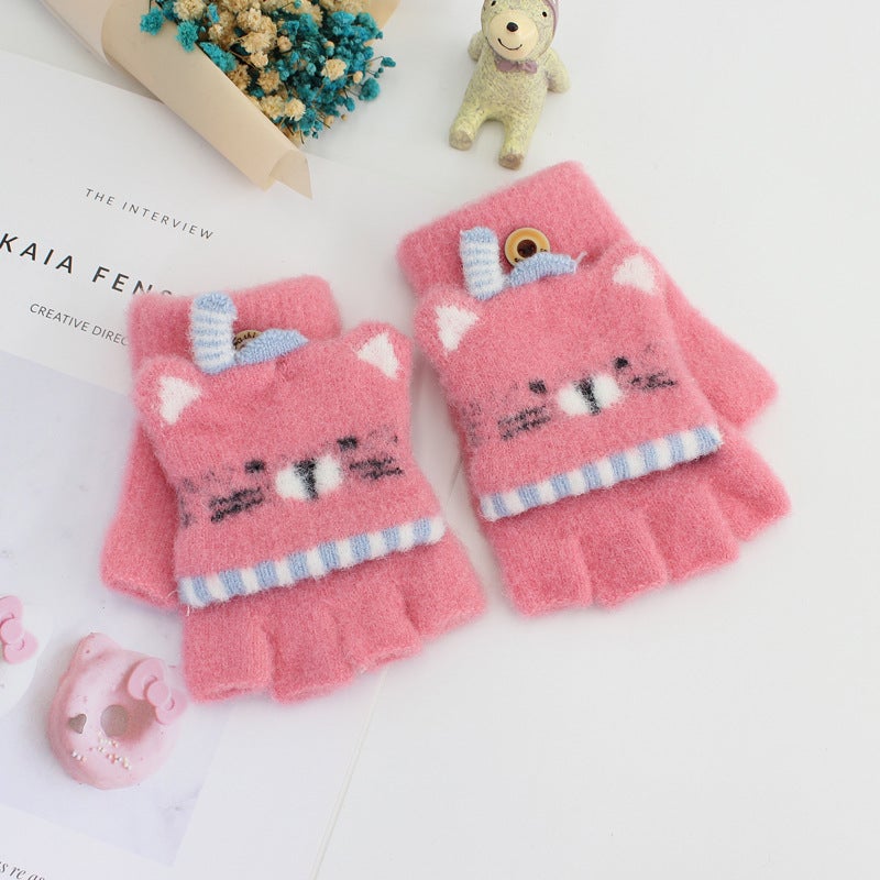 Winter Kids 3-6 Cute Cartoon Flip Top Gloves leather powder - Image 3