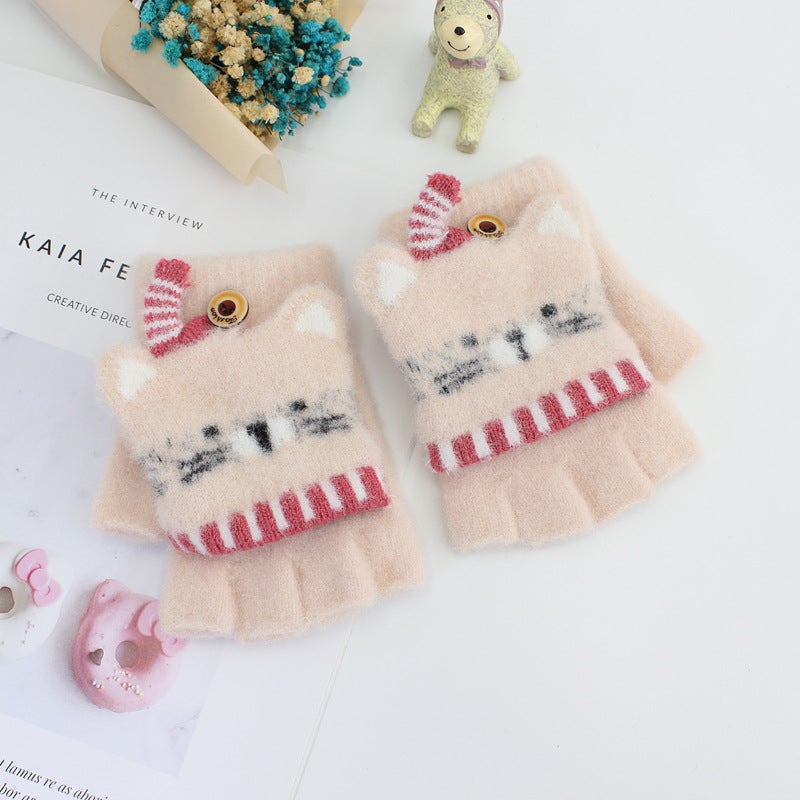 Winter Kids 3-6 Cute Cartoon Flip Top Gloves leather powder - Image 2