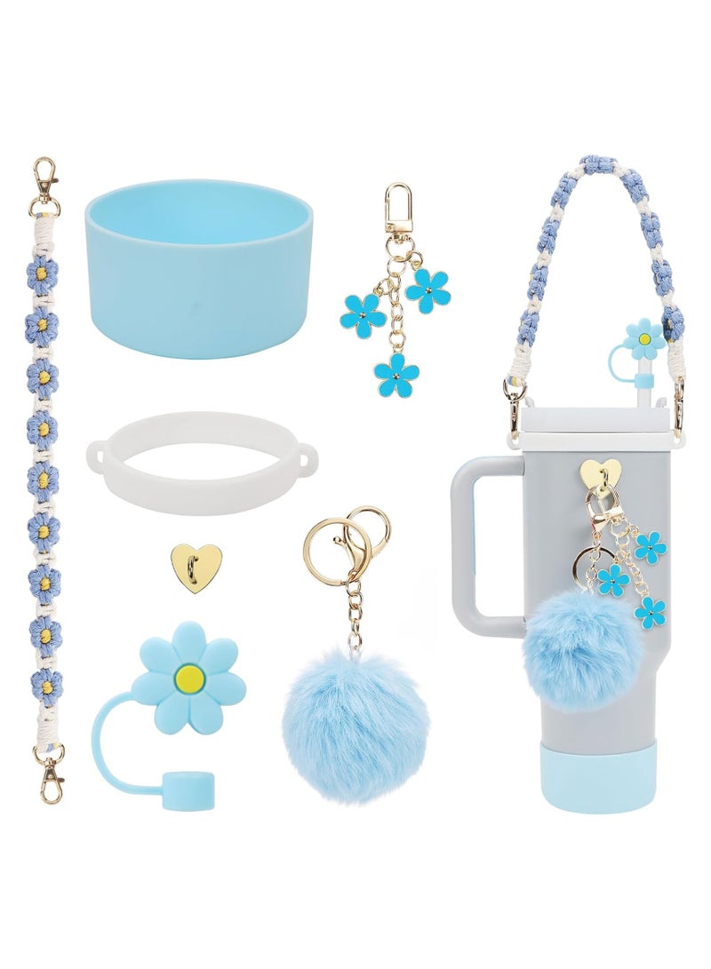 Mmmon 7 Pcs Cup Accessory Set Includes Water Bottle Handle Strap,Rubber Cup Ring,Bottle Box,Pipette Cap,Heart Hook,Floral Hanging Pendants,Pom pom(Light Blue)  - Image 1