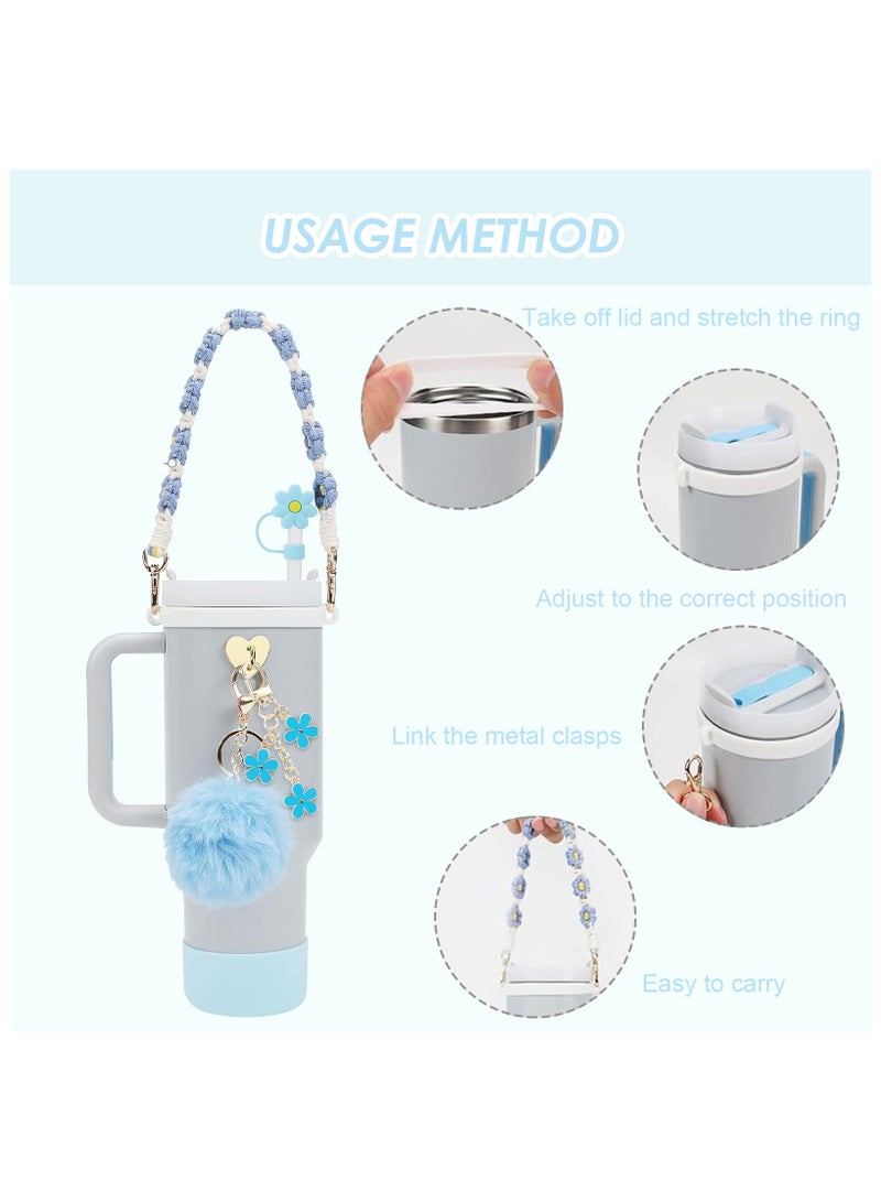 Mmmon 7 Pcs Cup Accessory Set Includes Water Bottle Handle Strap,Rubber Cup Ring,Bottle Box,Pipette Cap,Heart Hook,Floral Hanging Pendants,Pom pom(Light Blue)  - Image 2