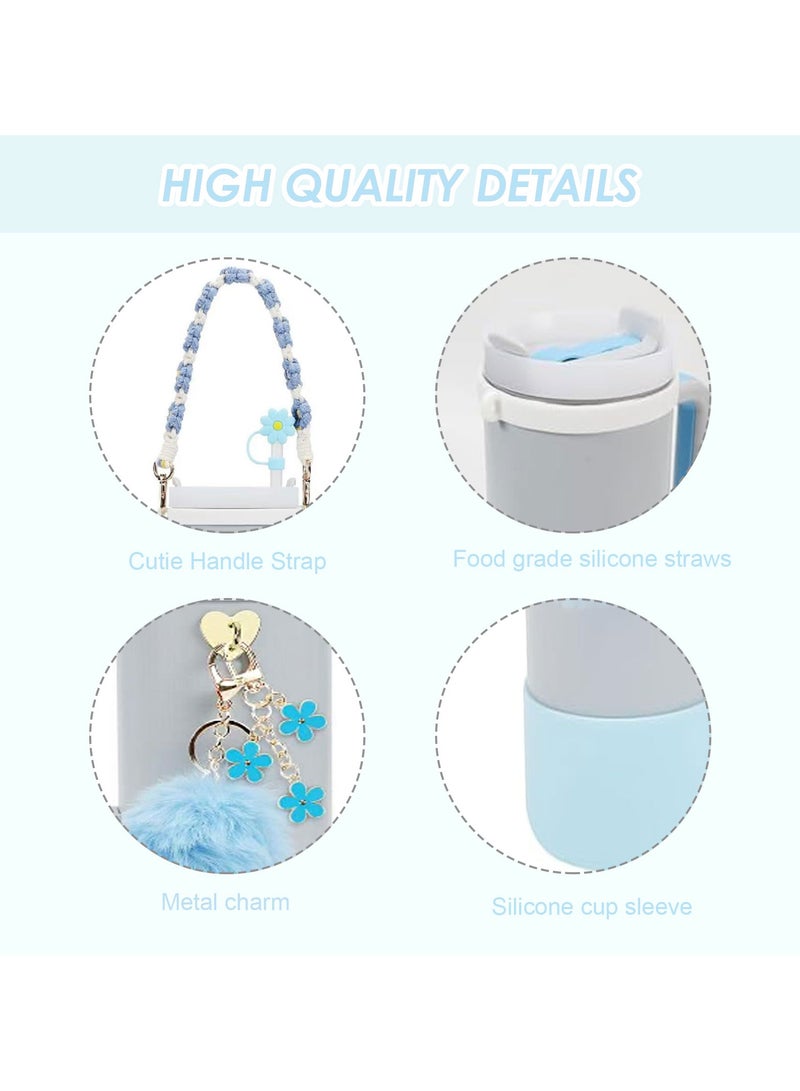 Mmmon 7 Pcs Cup Accessory Set Includes Water Bottle Handle Strap,Rubber Cup Ring,Bottle Box,Pipette Cap,Heart Hook,Floral Hanging Pendants,Pom pom(Light Blue)  - Image 3