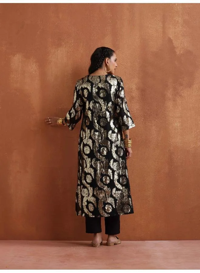 ترو برونز trueBrowns Black Metallic High Slit Kurta Set