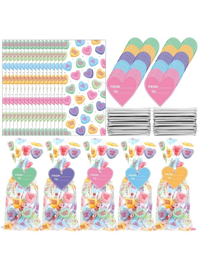Zhanmai 150 Pcs Valentine'S Day Conversation Hearts Cellophane Bags Valentine'S Gift Goodie Clear Cello Bags With 150 Pcs Heart Tags For Valentine'S Day Wedding Party Favor Supplies (Cute Style)  - Image 1