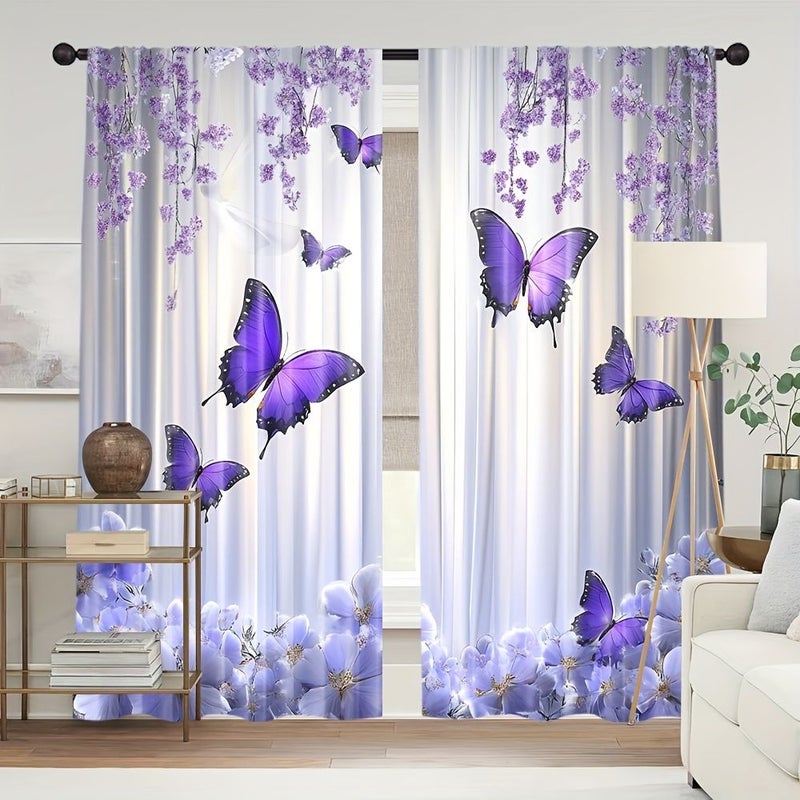 2pcs Purple Butterfly Floral 23 62x59 06 Inch Polyester Curtains Rod Pocket for Living Room Bedroom Study Art Deco Style All Season Decorative Drapes - Image 1