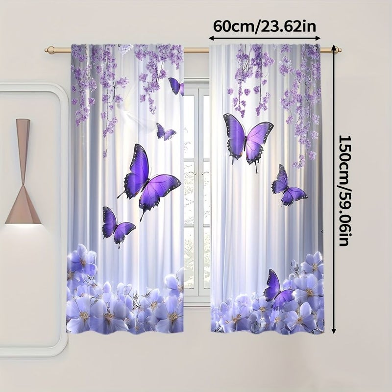 2pcs Purple Butterfly Floral 23 62x59 06 Inch Polyester Curtains Rod Pocket for Living Room Bedroom Study Art Deco Style All Season Decorative Drapes - Image 3