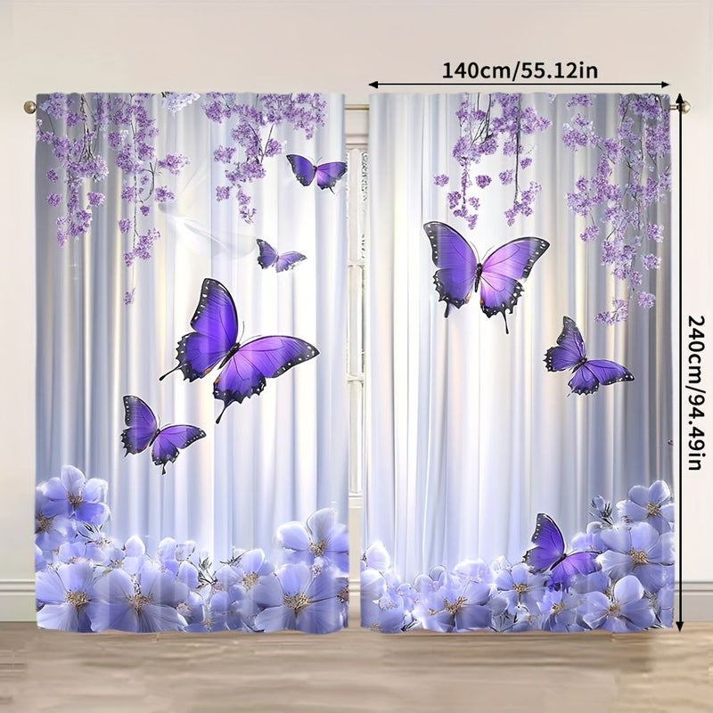 2pcs Purple Butterfly Floral 23 62x59 06 Inch Polyester Curtains Rod Pocket for Living Room Bedroom Study Art Deco Style All Season Decorative Drapes - Image 4