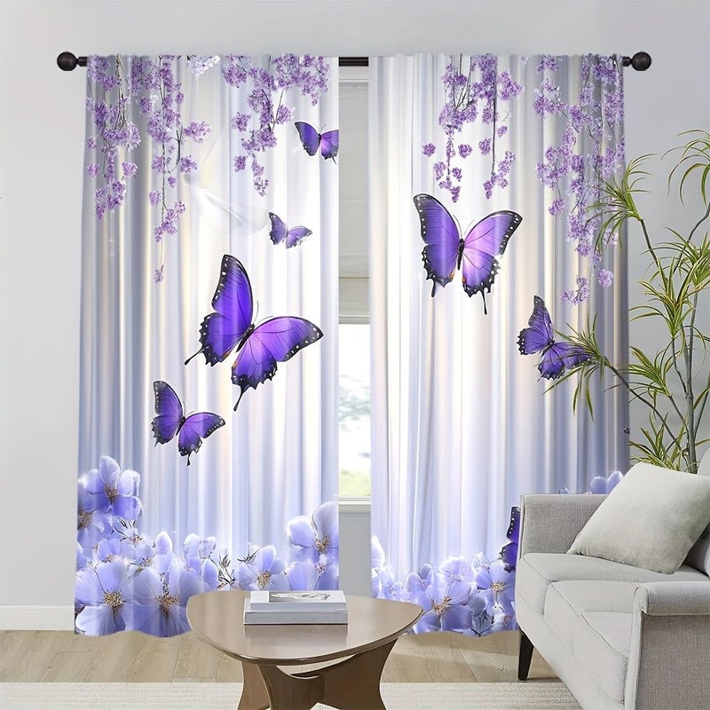 2pcs Purple Butterfly Floral 23 62x59 06 Inch Polyester Curtains Rod Pocket for Living Room Bedroom Study Art Deco Style All Season Decorative Drapes - Image 2