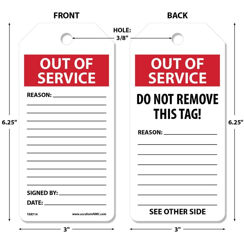AccuformNMC NMC 100 Status Record Tags by-The-Roll, Out of Service, OSHA Compliant Tags, Waterproof PF-Cardstock, Resists Tears, 6.25"x3", TAR714, American Made Safety Tags, Signs, and Labels - Image 2