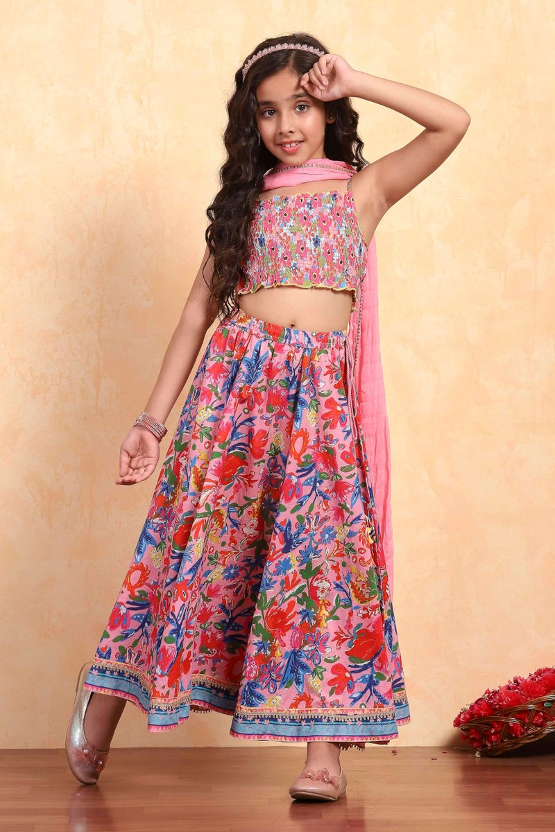 BIBA Printed Viscose Regular Fit Girls Top Lehenga Dupatta Set (PINK, 4-5Y) - Image 5