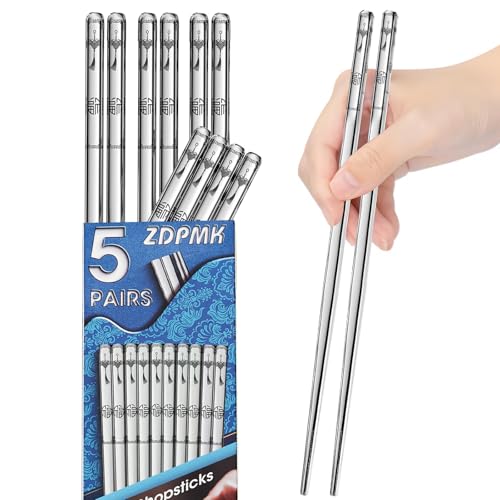 ZDPMK Stainless Steel Chopsticks - 5 Pairs Reusable Metal Chopsticks Dishwasher Safe, Japanese Chinese korean Chop sticks Set,Non-Slip Stainless Chop sticks, Silver Metal Chop sticks for Adults - Image 1