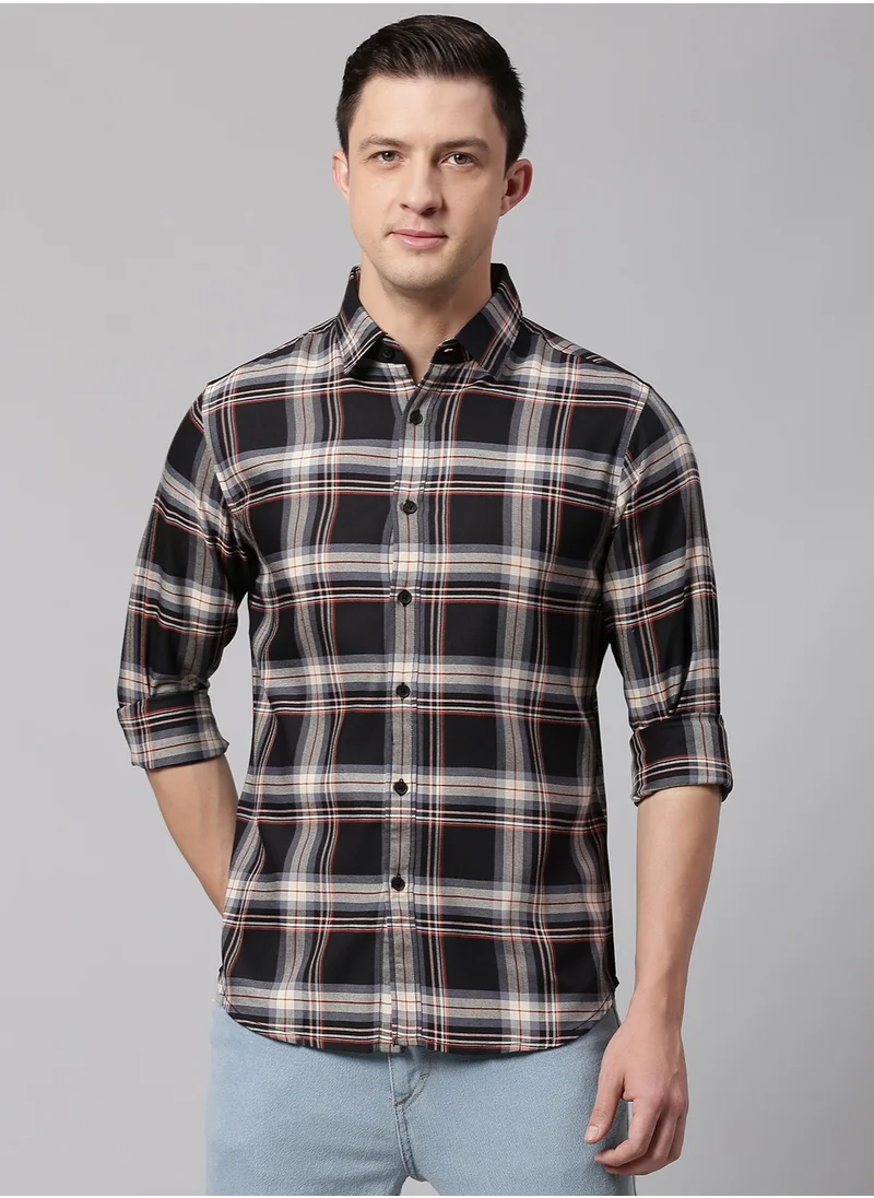 دينيس لينغو Slim Fit Black Men's Checkered Shirt, Spread Collar, Full Sleeves, 100% Cotton