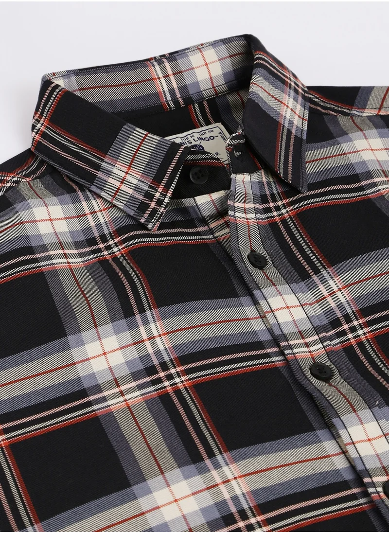 دينيس لينغو Slim Fit Black Men's Checkered Shirt, Spread Collar, Full Sleeves, 100% Cotton