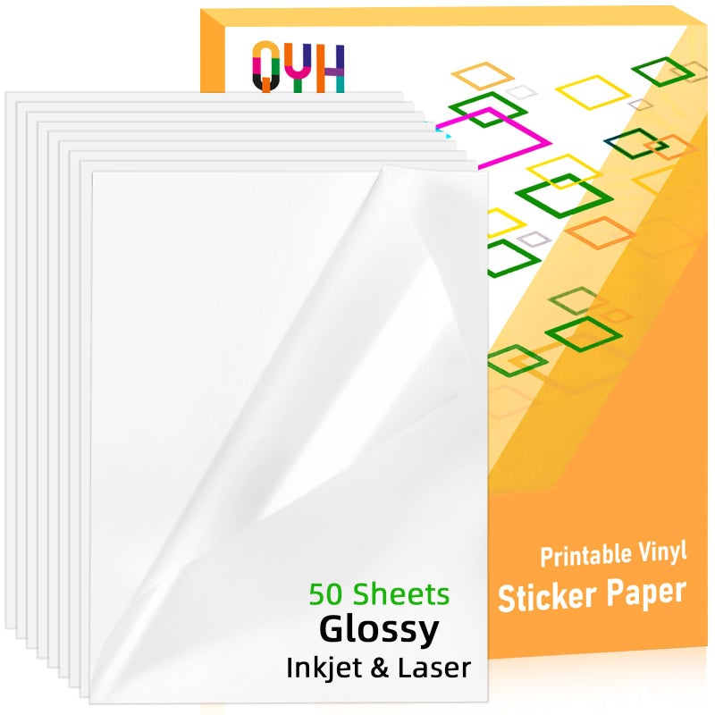 QYH Premium Printable Vinyl Sticker Paper-50 Sheets Glossy White, Quick-Drying Waterproof, Compatible with Inkjet & Laser Printer, Vivid Prints for DIY Crafts - Image 1
