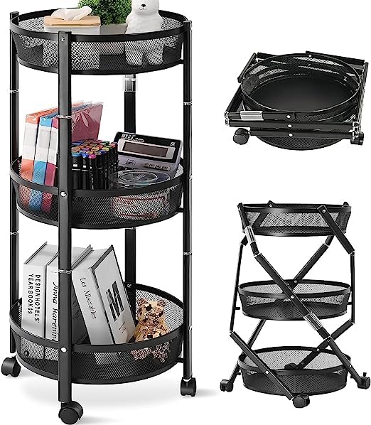 Whixant 3 Layer Foldable Movable Vegetable Fruits Storage Trolley MultiFunctional Stackable Storage Baskets with Wheels Suitable for Kitchen Pantry Bathroom Multicolor - Image 1