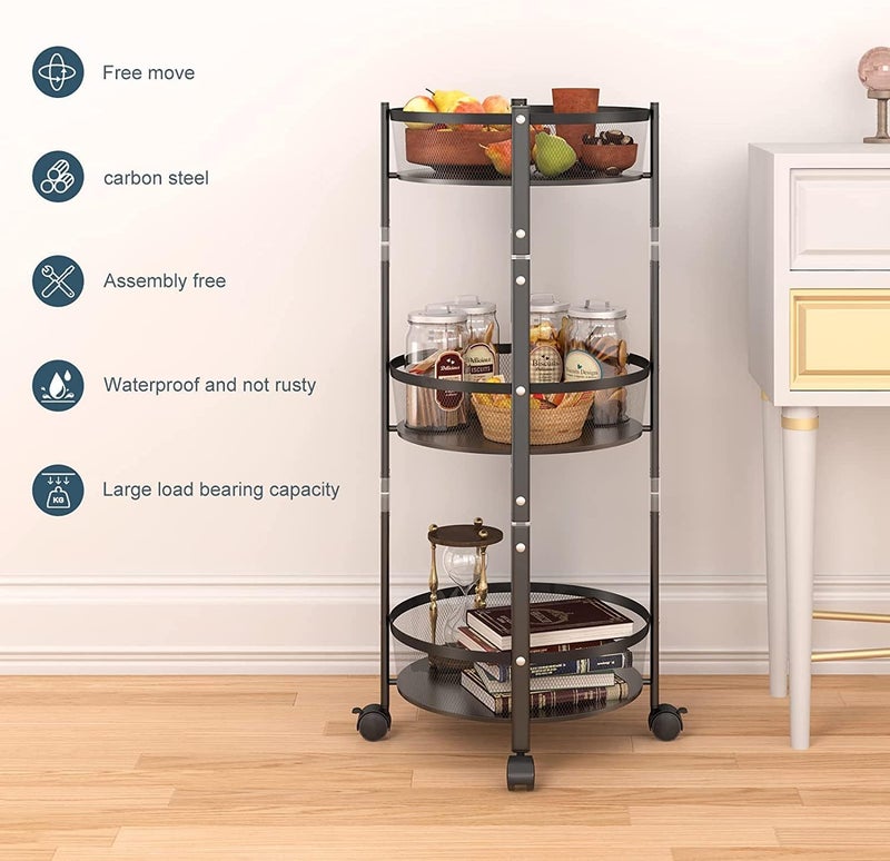 Whixant 3 Layer Foldable Movable Vegetable Fruits Storage Trolley MultiFunctional Stackable Storage Baskets with Wheels Suitable for Kitchen Pantry Bathroom Multicolor - Image 4