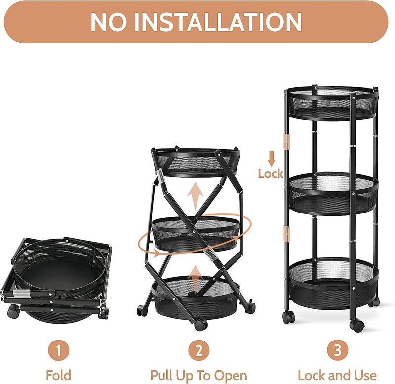 Whixant 3 Layer Foldable Movable Vegetable Fruits Storage Trolley MultiFunctional Stackable Storage Baskets with Wheels Suitable for Kitchen Pantry Bathroom Multicolor - Image 3