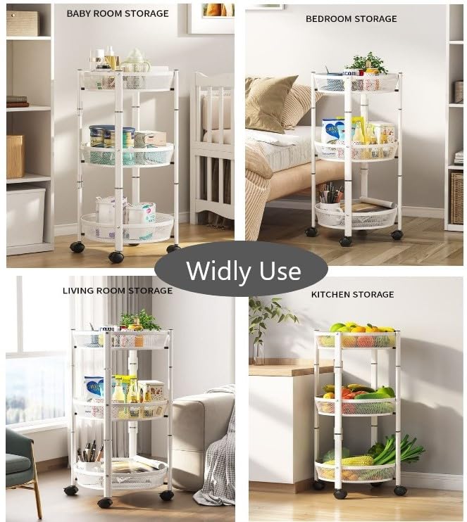 Whixant 3 Layer Foldable Movable Vegetable Fruits Storage Trolley MultiFunctional Stackable Storage Baskets with Wheels Suitable for Kitchen Pantry Bathroom Multicolor - Image 5