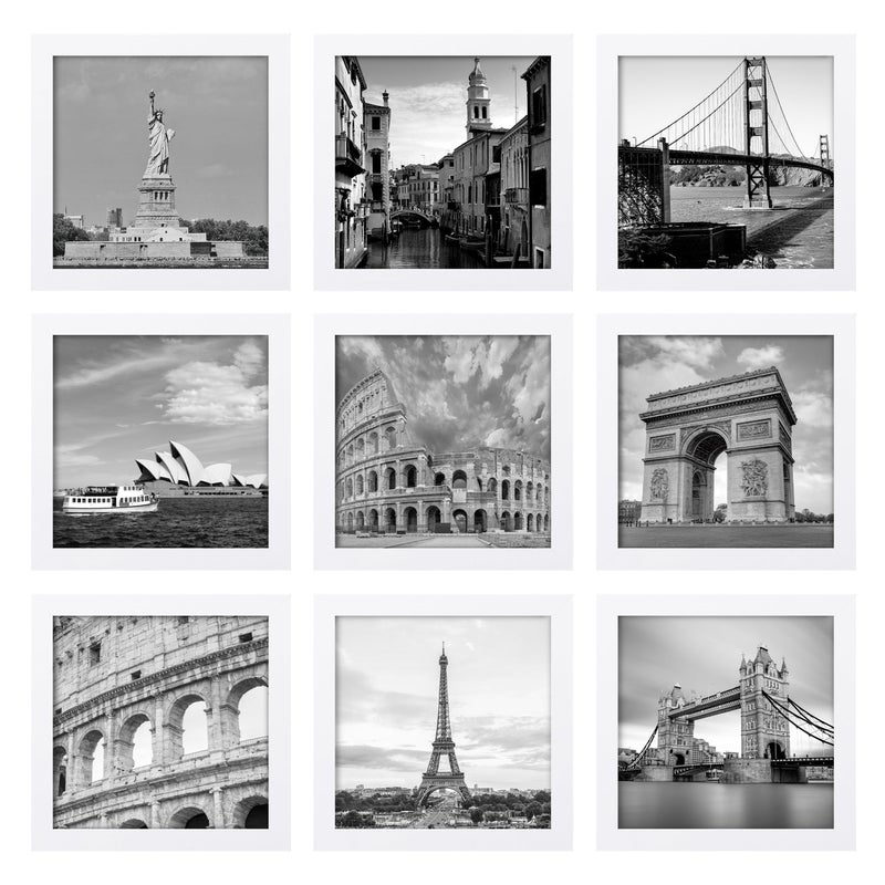 eletecpro 8x8 Picture Frames Set of 9 Classic Gallery Wall Frame Set Displays 4x4 Photo with Mat or 8x8 without Mat  Square Picture Frames Collage Wall Decor  White Home Decor for Hanging - Image 1