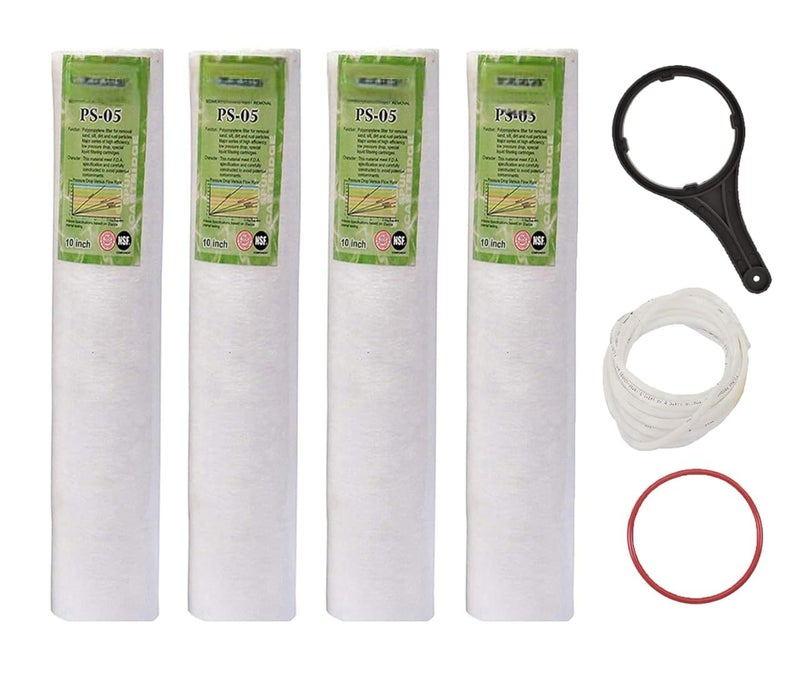KRISELL PP Spun Filter Spun Filter Cartridge Outer Filter Candle 5 Micron Pre Filter Candle 10 Inch for All Type RO Water Purifier 2Mtr Pipe 1 O Ring with Spanner 4 Pieces - Image 1