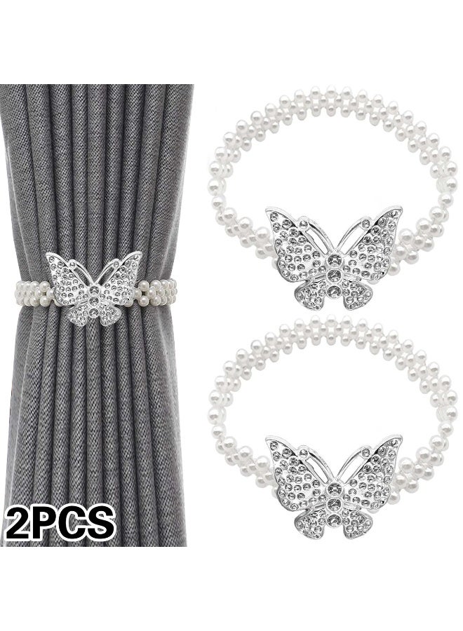 Goolsky 2-Pack Glam Style Adjustable Elastic Curtain Tiebacks with Silver/Golden Butterfly Clasps and White Faux Pearl Accents, No-Drill Drapery Holdbacks for Home Decor, Ideal for Bedroom, Living Room, Office - Image 1