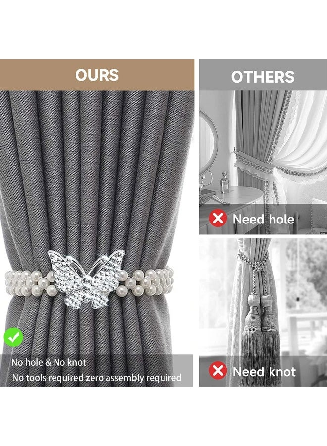 Goolsky 2-Pack Glam Style Adjustable Elastic Curtain Tiebacks with Silver/Golden Butterfly Clasps and White Faux Pearl Accents, No-Drill Drapery Holdbacks for Home Decor, Ideal for Bedroom, Living Room, Office - Image 3