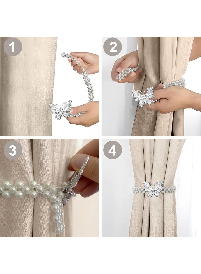 Goolsky 2-Pack Glam Style Adjustable Elastic Curtain Tiebacks with Silver/Golden Butterfly Clasps and White Faux Pearl Accents, No-Drill Drapery Holdbacks for Home Decor, Ideal for Bedroom, Living Room, Office - Image 5