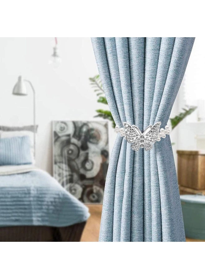 Goolsky 2-Pack Glam Style Adjustable Elastic Curtain Tiebacks with Silver/Golden Butterfly Clasps and White Faux Pearl Accents, No-Drill Drapery Holdbacks for Home Decor, Ideal for Bedroom, Living Room, Office - Image 2