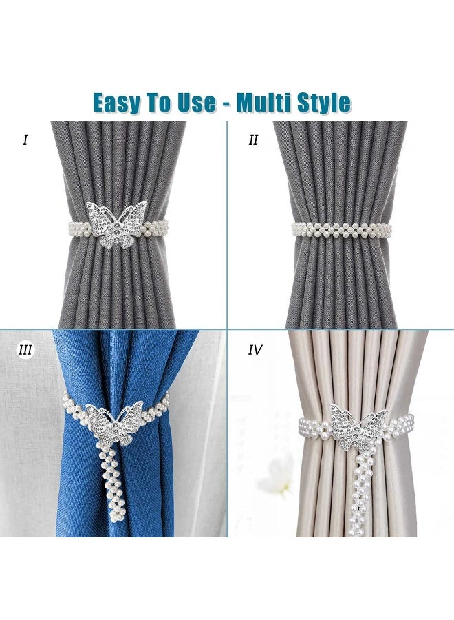 Goolsky 2-Pack Glam Style Adjustable Elastic Curtain Tiebacks with Silver/Golden Butterfly Clasps and White Faux Pearl Accents, No-Drill Drapery Holdbacks for Home Decor, Ideal for Bedroom, Living Room, Office - Image 4