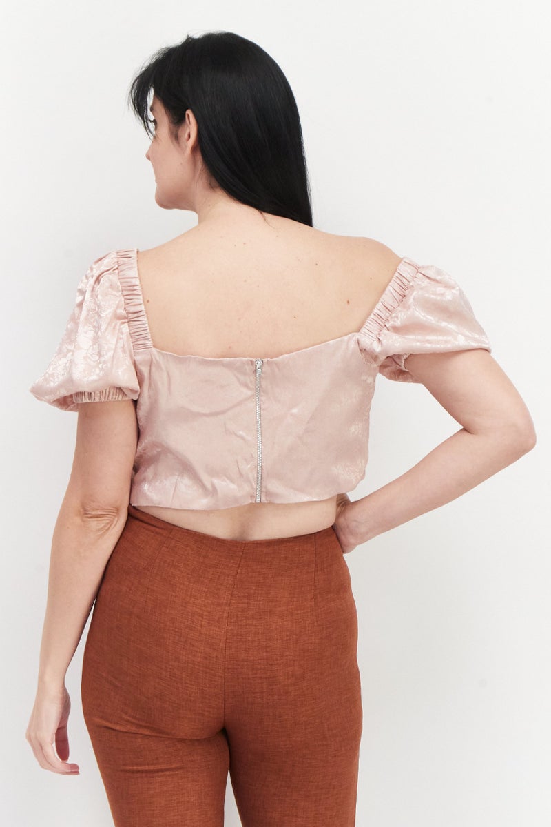 Flounce London Women Square Neck Puffed Sleeve Floral Pattern Top, Rose Pink - Image 3