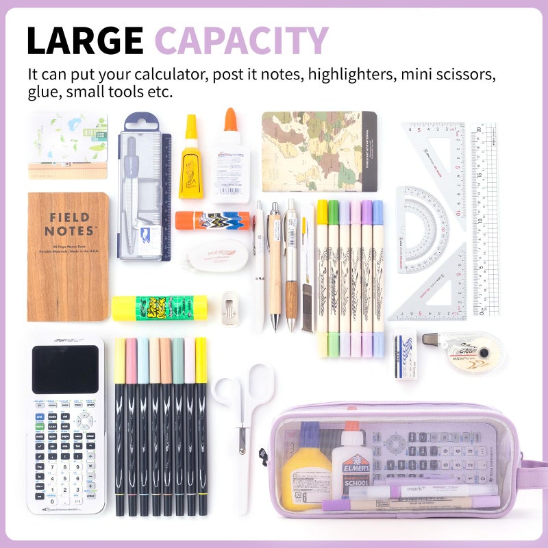 ANGOOBABY Large Grid Mesh Pencil Case 2 Compartment Pen Bag Clear Handheld Multifunction Pencil Pouch Transparent Makeup Bag for Teen Student College Business Travel Office Adult - Purple - Image 3