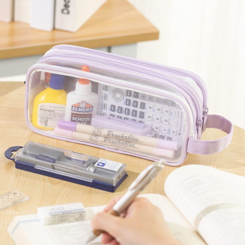 ANGOOBABY Large Grid Mesh Pencil Case 2 Compartment Pen Bag Clear Handheld Multifunction Pencil Pouch Transparent Makeup Bag for Teen Student College Business Travel Office Adult - Purple - Image 2