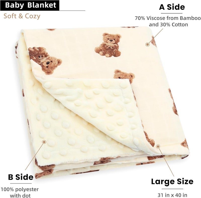 LifeTree Baby Girl  Boy Blankets Soft Double Layer Swaddle Blankets Muslin Front and Dotted Fleece Backing Receiving Bed Throw Blanket for Newborn Unisex 31X40 Inches Bear Pattern - Image 3