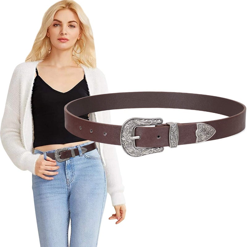 Ssumday Western Cowboy Coffee Style Belts for Women Female Girl Ladies Cowgirl Belt Jeans Pants Dresses Dress with Vintage Silver Buckle(SJTCO-S) - Image 3