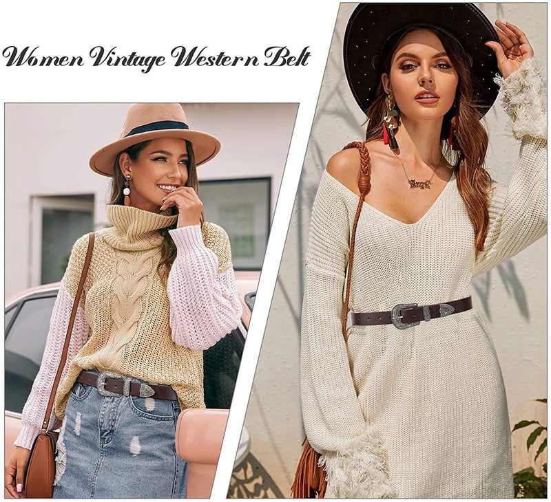Ssumday Western Cowboy Coffee Style Belts for Women Female Girl Ladies Cowgirl Belt Jeans Pants Dresses Dress with Vintage Silver Buckle(SJTCO-S) - Image 5
