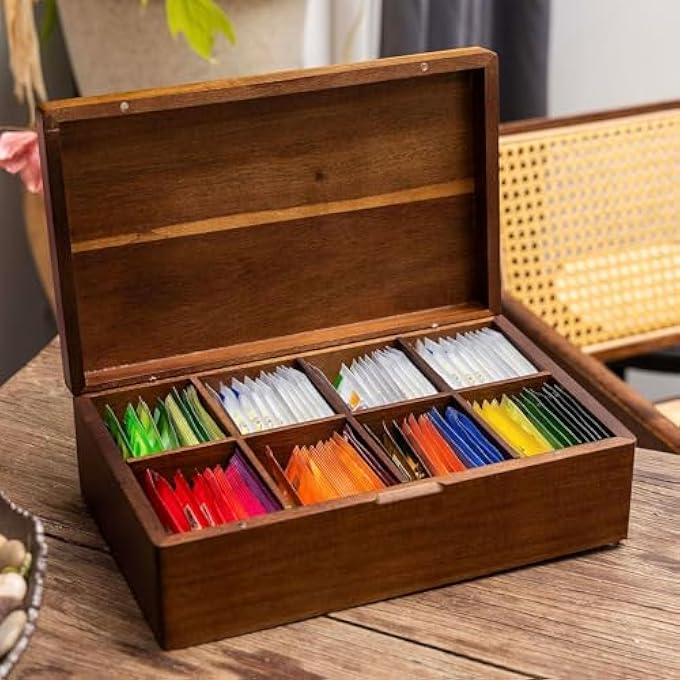 كاست ويف منظم أكياس الشاي من خشب الأكاسيا مع 8 أقسام، صندوق تخزين شاي خشبي وعلبة لأكياس الشاي، متعدد الأقسام، حاوية صندوق شاي من الخشب الطبيعي، منظم للمطبخ أو المكتب - Image 3