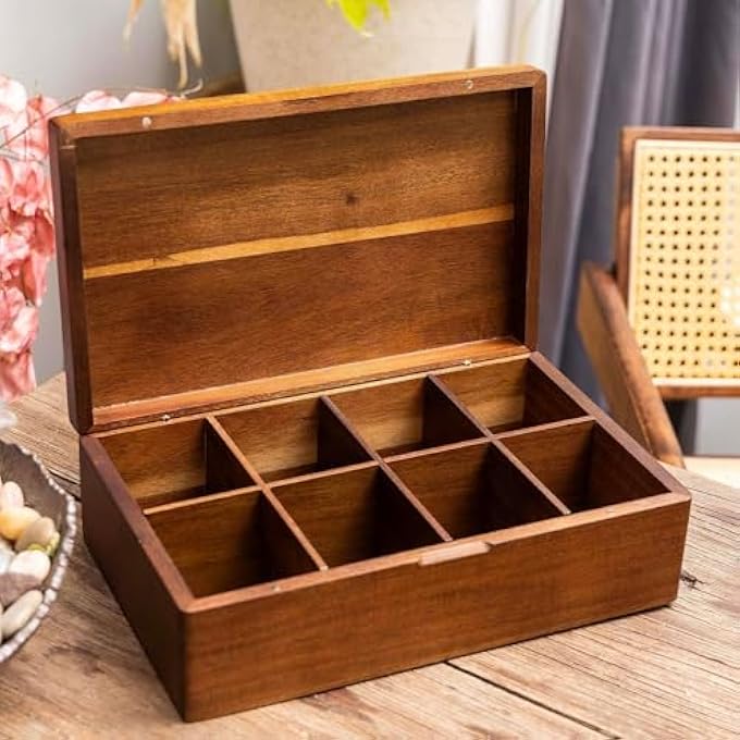 كاست ويف منظم أكياس الشاي من خشب الأكاسيا مع 8 أقسام، صندوق تخزين شاي خشبي وعلبة لأكياس الشاي، متعدد الأقسام، حاوية صندوق شاي من الخشب الطبيعي، منظم للمطبخ أو المكتب - Image 2